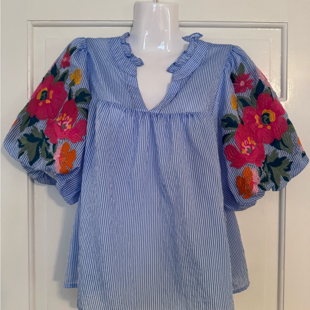 THML Blue Striped Blouse with Floral Embroidery